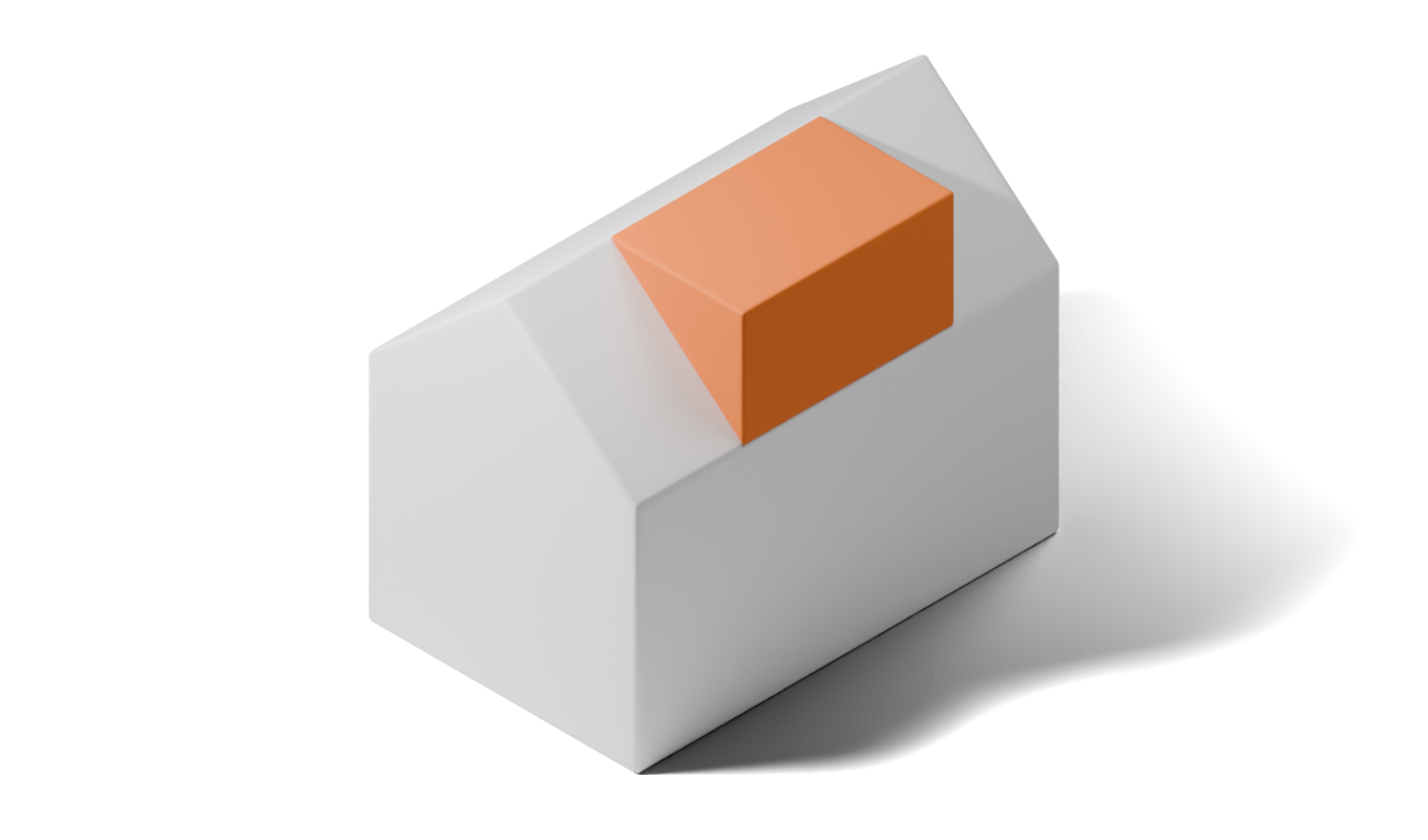 Illustration eines weißen Hauses mit Satteldach, in das eine orangefarbene Dachgaube eingebaut ist.
