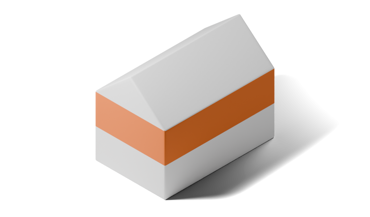 Illustration eines Einfamilienhauses, bei dem ein zus&auml;tzliches orangefarbenes Stockwerk zwischen das wei&szlig;e Erdgeschoss und das wei&szlig;e Satteldach eingef&uuml;gt ist.