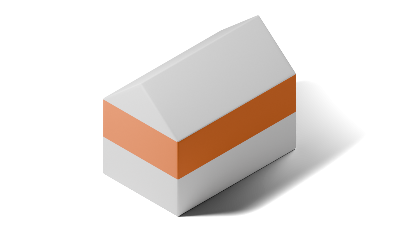 Illustration eines Einfamilienhauses, bei dem ein zusätzliches orangefarbenes Stockwerk zwischen das weiße Erdgeschoss und das weiße Satteldach eingefügt ist.