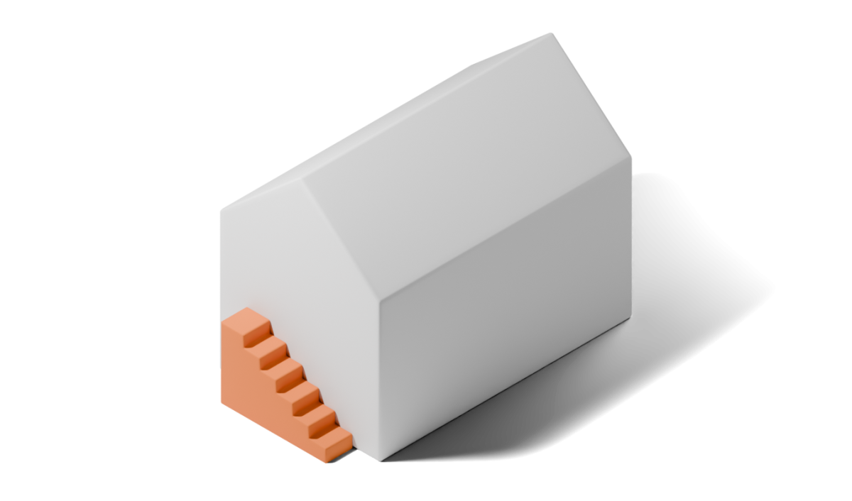 Illustration eines wei&szlig;en Hauses mit Satteldach, an dessen Giebelseite eine orangefarbene Au&szlig;entreppe angebaut ist.