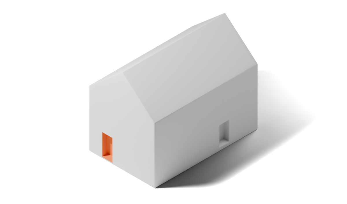 Illustration eines wei&szlig;en Hauses, bei dem eine zweite T&uuml;r&ouml;ffnung durch eine orangefarbene Innenfl&auml;che hervorgehoben wird.