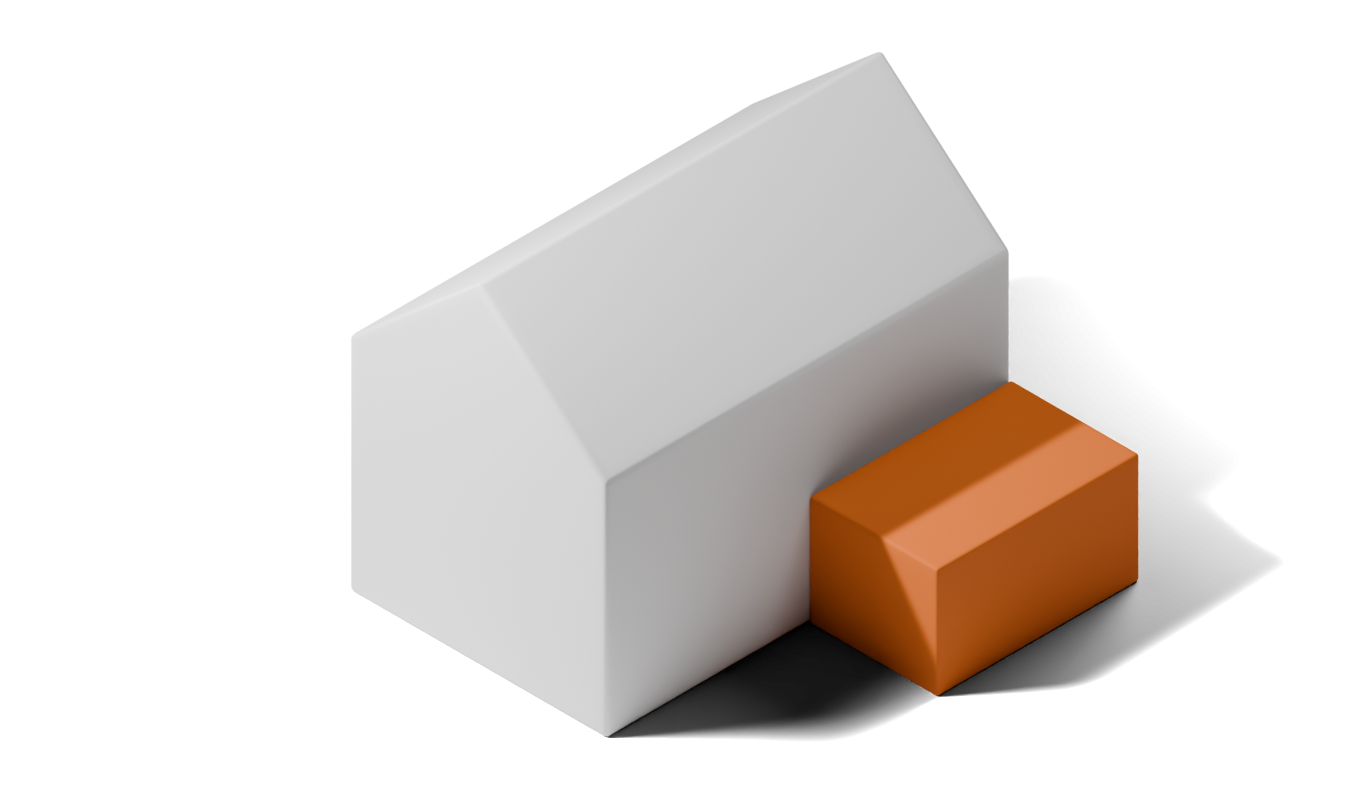 Illustration eines weißen Hauses, das an der Seite durch einen orangefarbenen Anbau auf Erdgeschossniveau erweitert wurde.