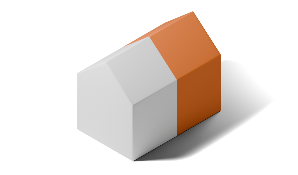Illustration eines Hauses mit Satteldach, das vertikal in eine wei&szlig;e und eine orangefarbene H&auml;lfte unterteilt ist. Die farbige Hervorhebung symbolisiert die Teilung des Geb&auml;udes.