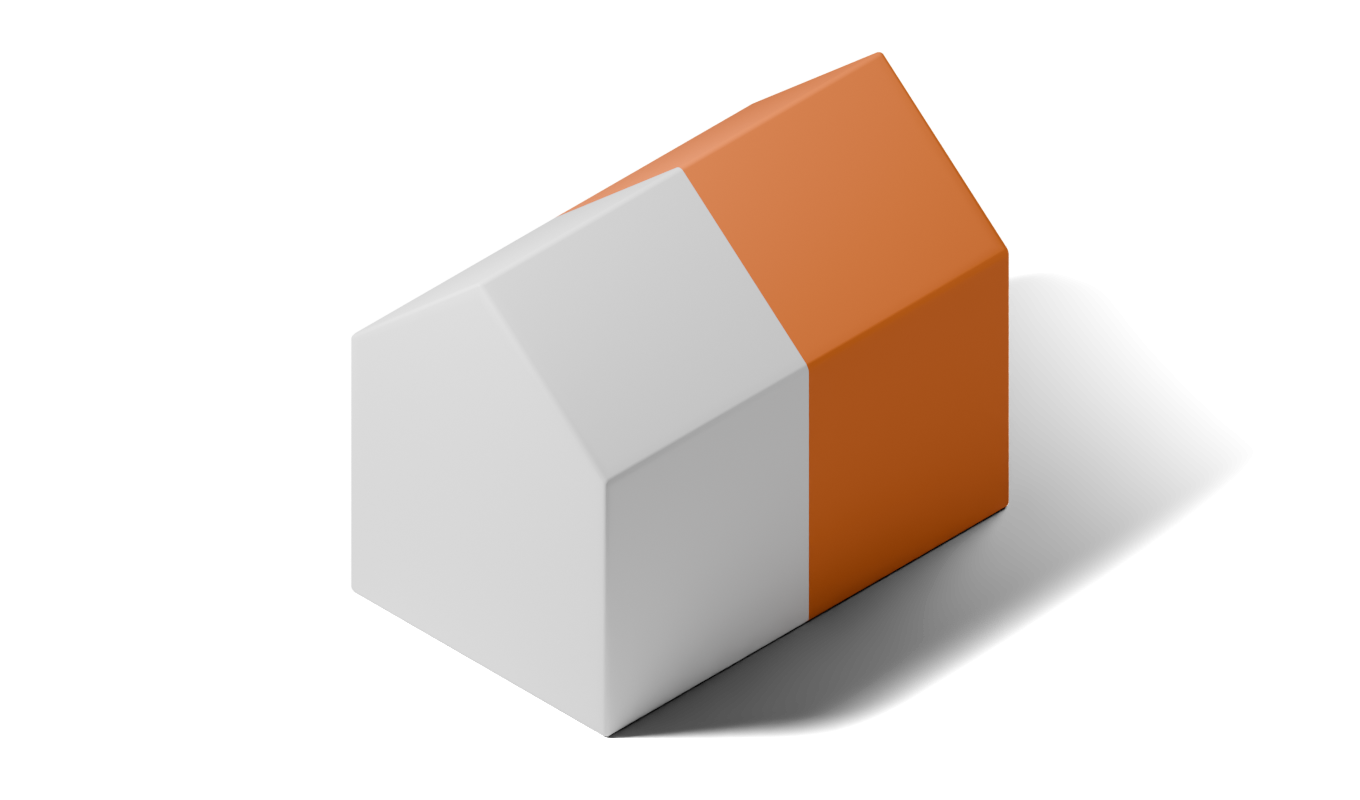 Illustration eines Hauses mit Satteldach, das vertikal in eine weiße und eine orangefarbene Hälfte unterteilt ist. Die farbige Hervorhebung symbolisiert die Teilung des Gebäudes.